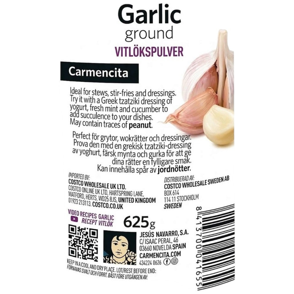 Carmencita Ground Garlic Powder 625g packaging showing ingredients and allergen information & barcode