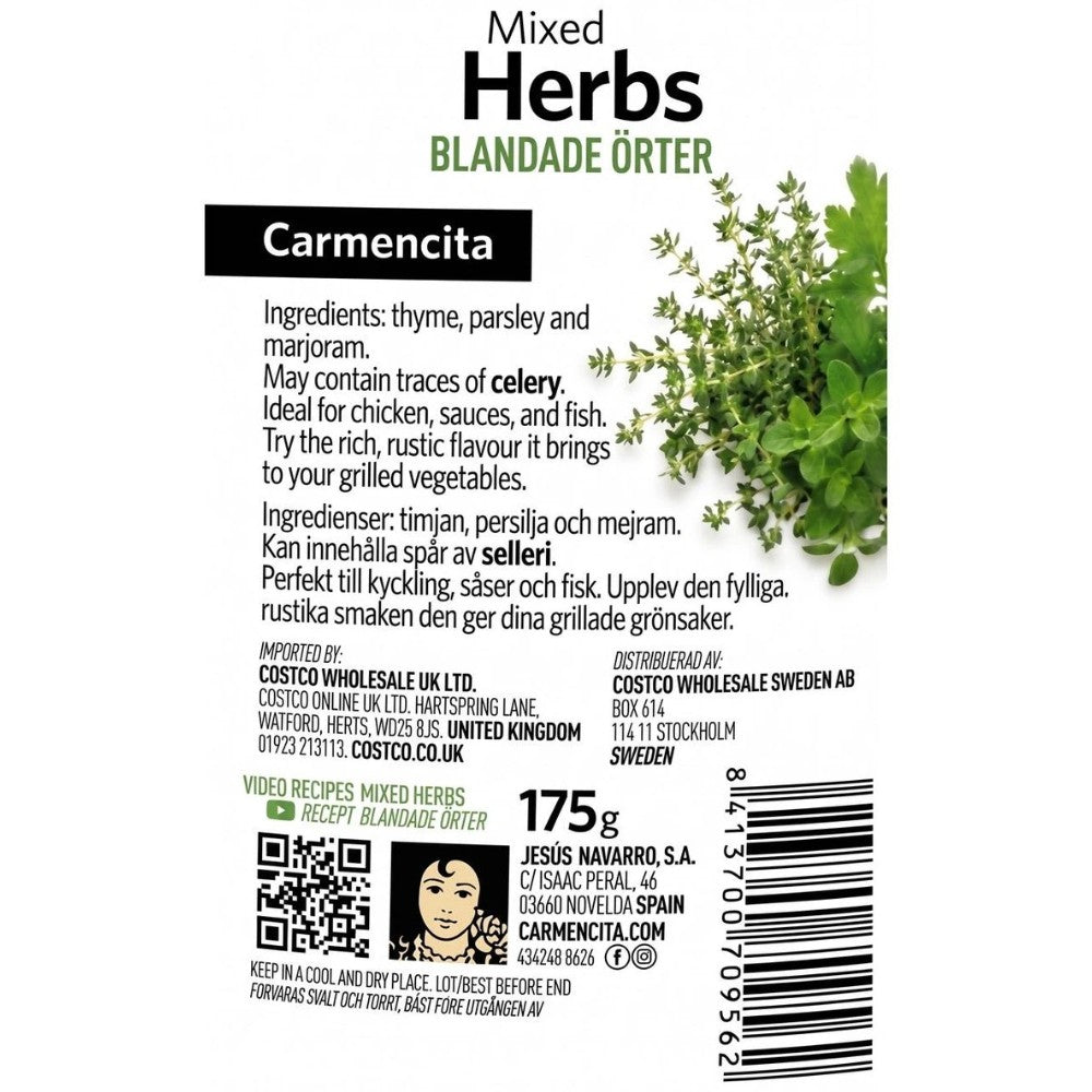 Carmencita Dried Mixed Herbs 175g packaging showing ingredients and allergen information