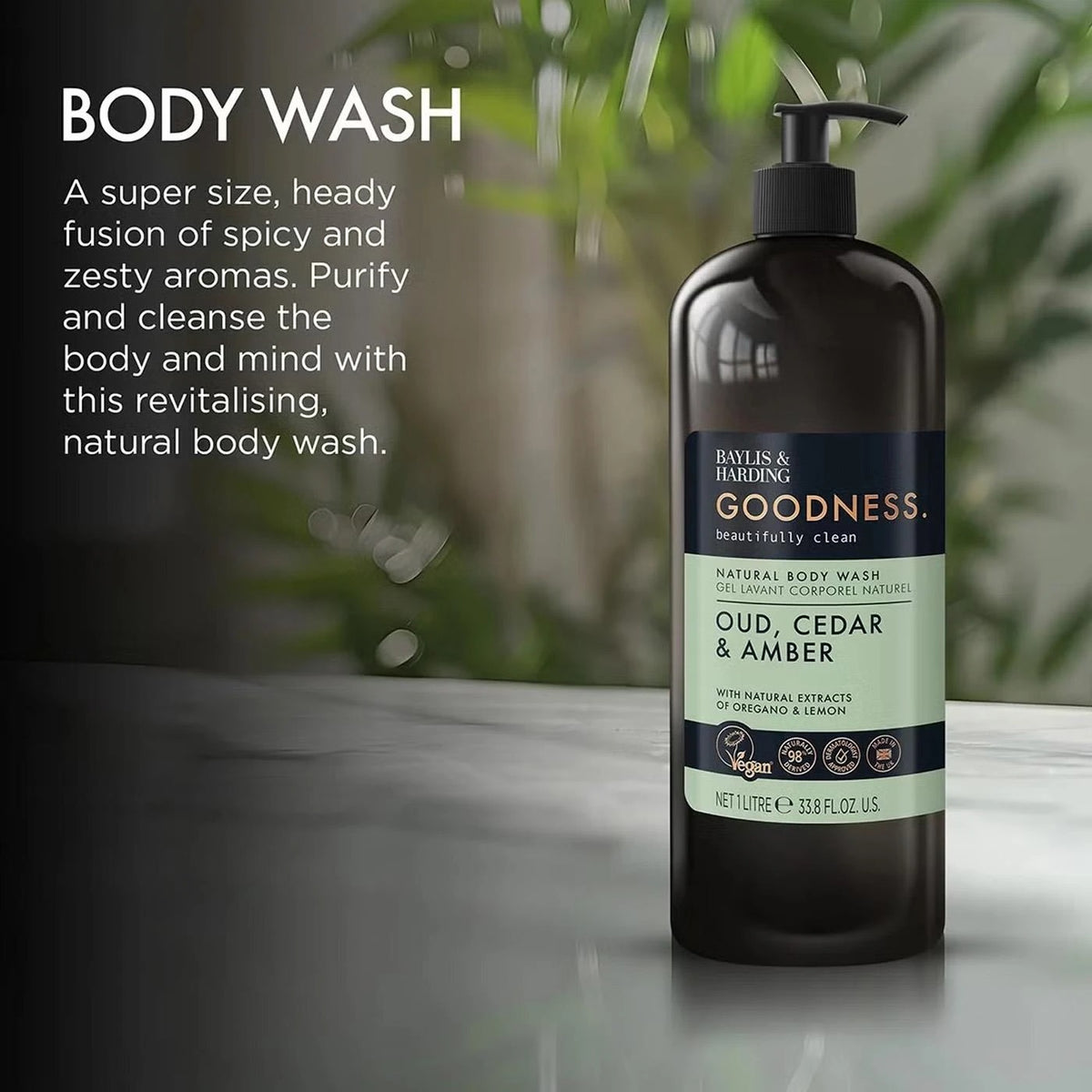 Baylis & Harding Goodness Oud Cedar Amber body wash 1L pump bottles 2 pack how to use