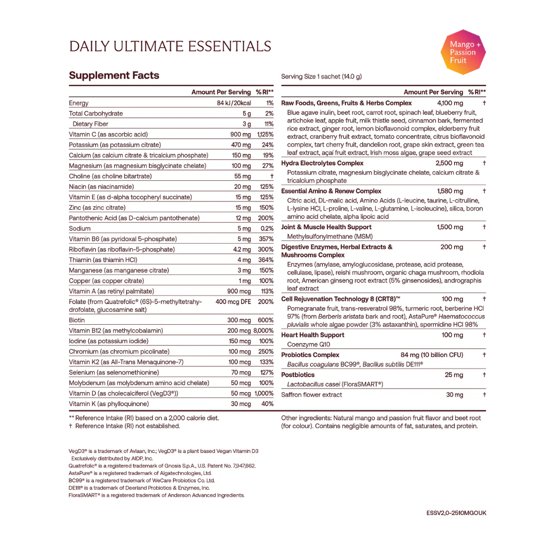 IM8 Daily Ultimate Essentials supplement facts and ingredients label of mango + passion fruit 30 sachets