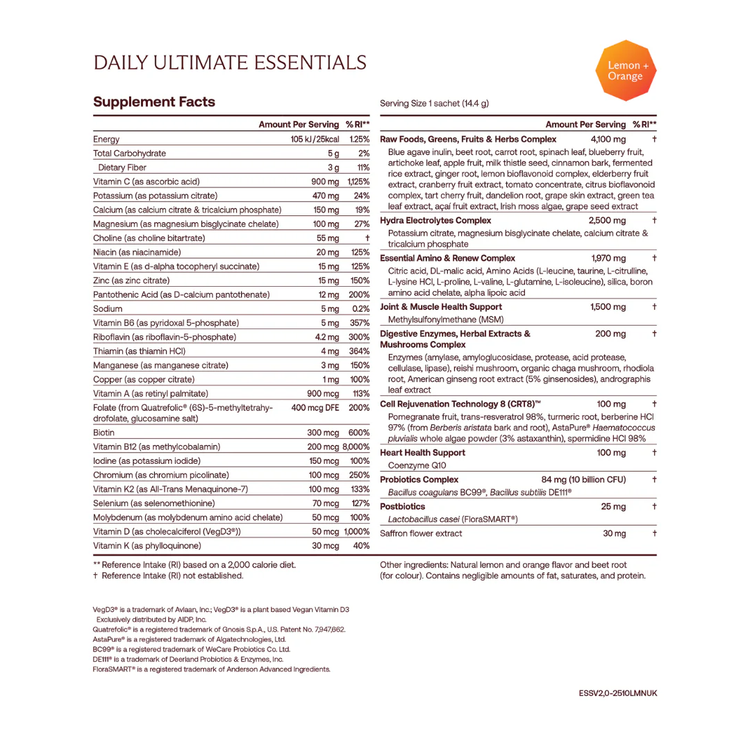 IM8 Daily Ultimate Essentials supplement facts and ingredients label of lemon + orange 30 sachets