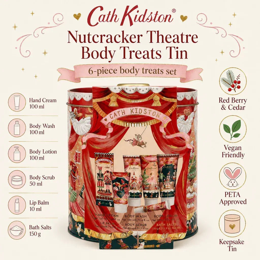 Cath Kidston Nutcracker Theatre Body Treats gift set hand cream body wash lotion scrub bath salts lip balm 6 piece product information