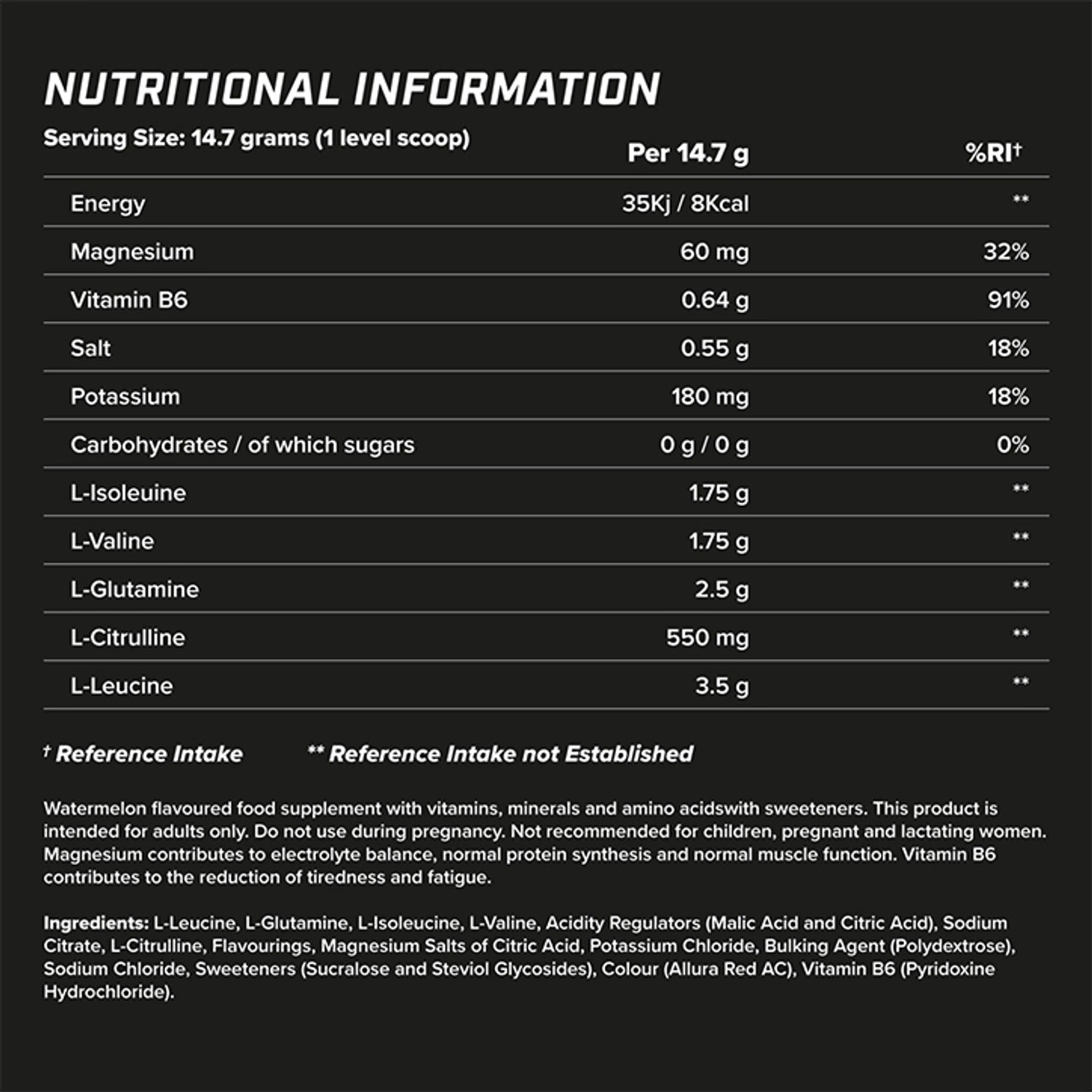 Supplement facts & ingredients image: XTEND Original BCAA Powder Watermelon supplement facts ingredients tub powder 423g 30 servings