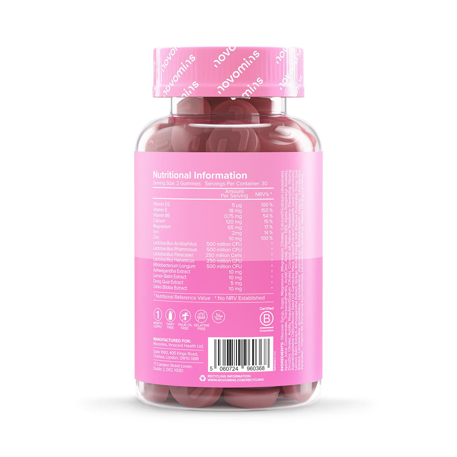Novomins PMS Gummies Raspberry 60 Count ingredients nutritional label with barcode