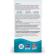 The back of a white rectangular box for Nordic Naturals Omega-3 fish oil, showing product information, suggestions, warnings, and a teal section at the bottom with certification logos including Pureti Test and IFN.