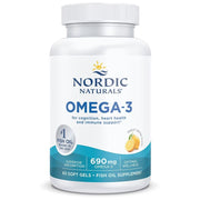 A white plastic bottle of Nordic Naturals Omega-3 fish oil supplement with a white cap, featuring a white label with blue and teal text and graphics.