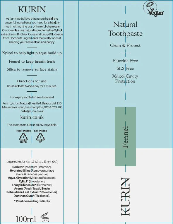Kurin Fluoride Free Natural Fennel Toothpaste 100ml ingredients and how to use
