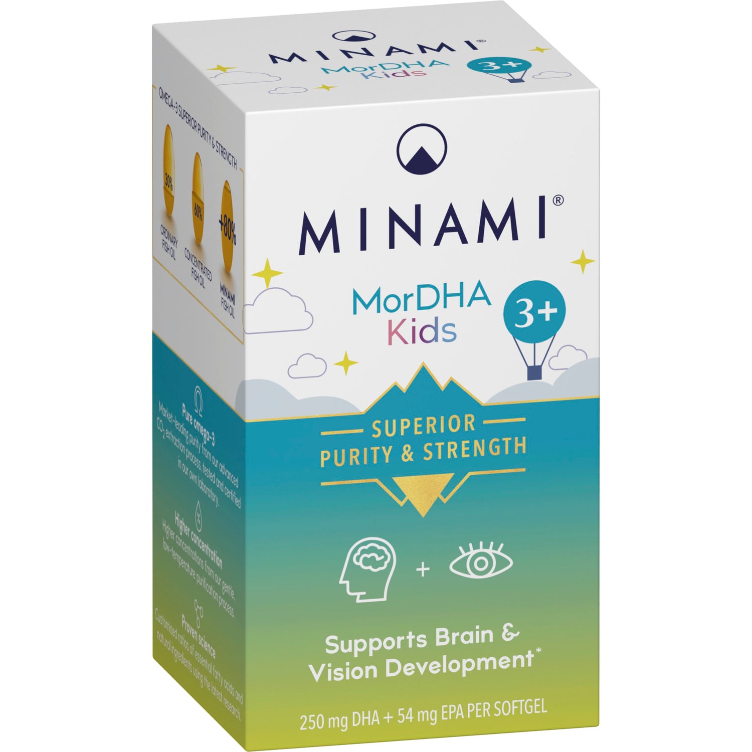 Minami MorDHA Kids 3+ strawberry flavored omega-3 softgels box, 60 count for children.