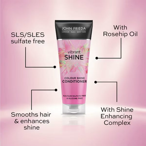 John Frieda Vibrant Shine Colour Shine Conditioner rose hip argan oil 250ml tube lifestyle use image