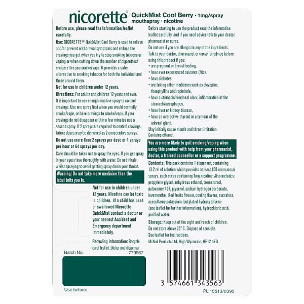 Nicorette QuickMist Cool Berry Mouth Spray barcode packaging 150 sprays