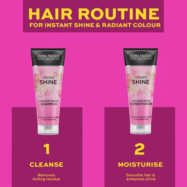 John Frieda Vibrant Shine Colour Shine Shampoo rose hip argan oil 250ml bottle product information routine