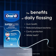 Oral-B Superfloss Threader Dental Floss 50 pre-cut strands packaging showing product information