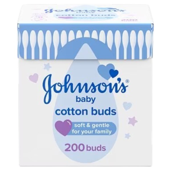 Johnson's Baby Cotton Buds 200 count pure cotton buds front view box packaging