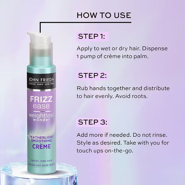 John Frieda Frizz Ease Weightless Wonder Smoothing Crème 100ml application guide on wet or dry hair