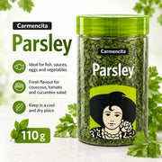 Carmencita Dried Parsley 110g packaging showing suggested uses and product information