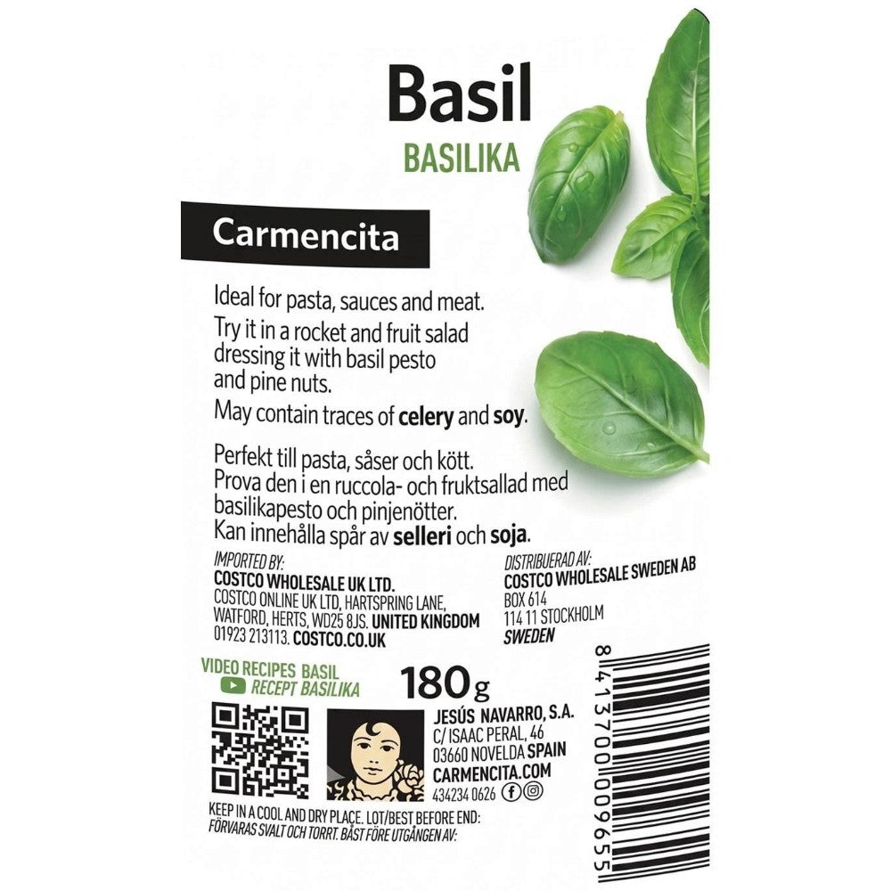 Carmencita Dried Basil 180g packaging showing ingredients and allergen information & barcode