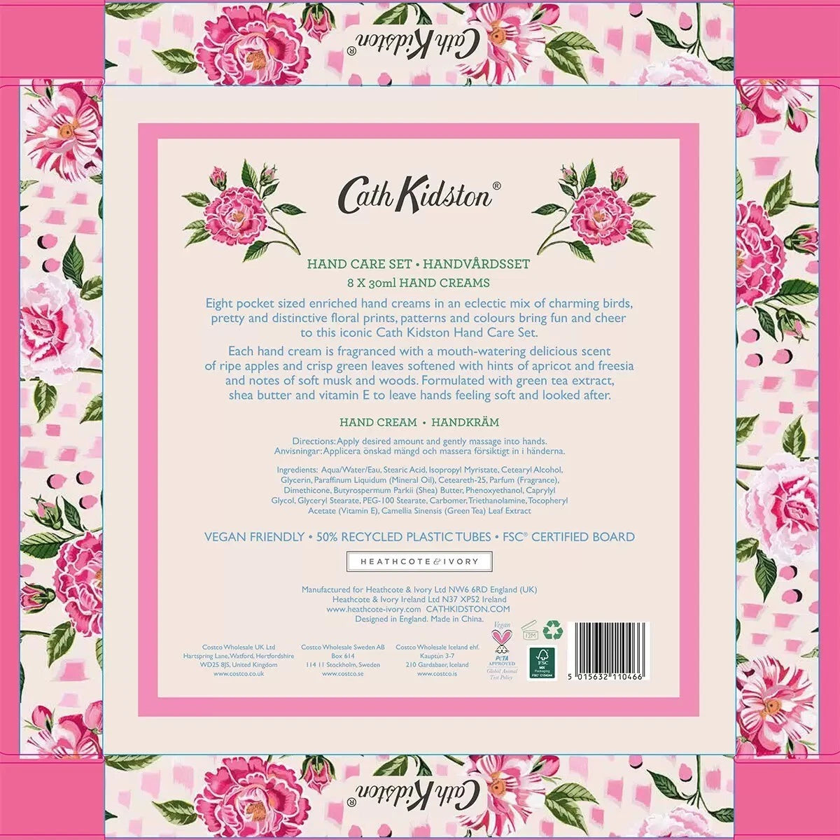 Cath Kidston Hand Cream Gift Set, gift box and squeeze tube packaging, assorted fragrances, 8 x 30ml, barcode