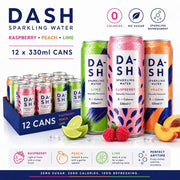 DASH Sparkling Water Mixed Pack, assorted can packaging, Cherry Lime Peach Raspberry flavours, 12 x 330ml, ingredients information