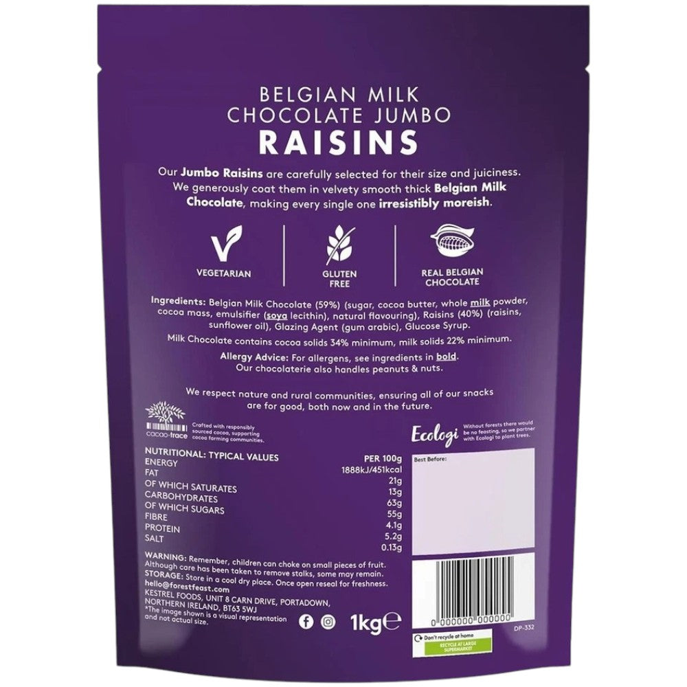 Forest Feast Belgian Milk Chocolate Jumbo Raisins chocolate coated raisins 1kg resealable pouch ingredients