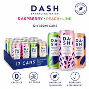 DASH Sparkling Water Mixed Pack, assorted can packaging, Cherry Lime Peach Raspberry flavours, 12 x 330ml, ingredients information