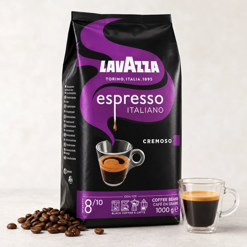 Lavazza Espresso Italiano Cremoso Coffee Beans, resealable coffee bag packaging, chocolaty flavour notes, 1kg