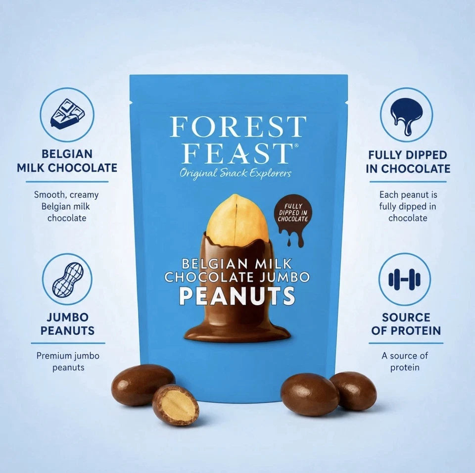 Forest Feast Belgian Milk Chocolate Jumbo Peanuts milk chocolate coated peanuts 1kg pack ingredients and allergen information