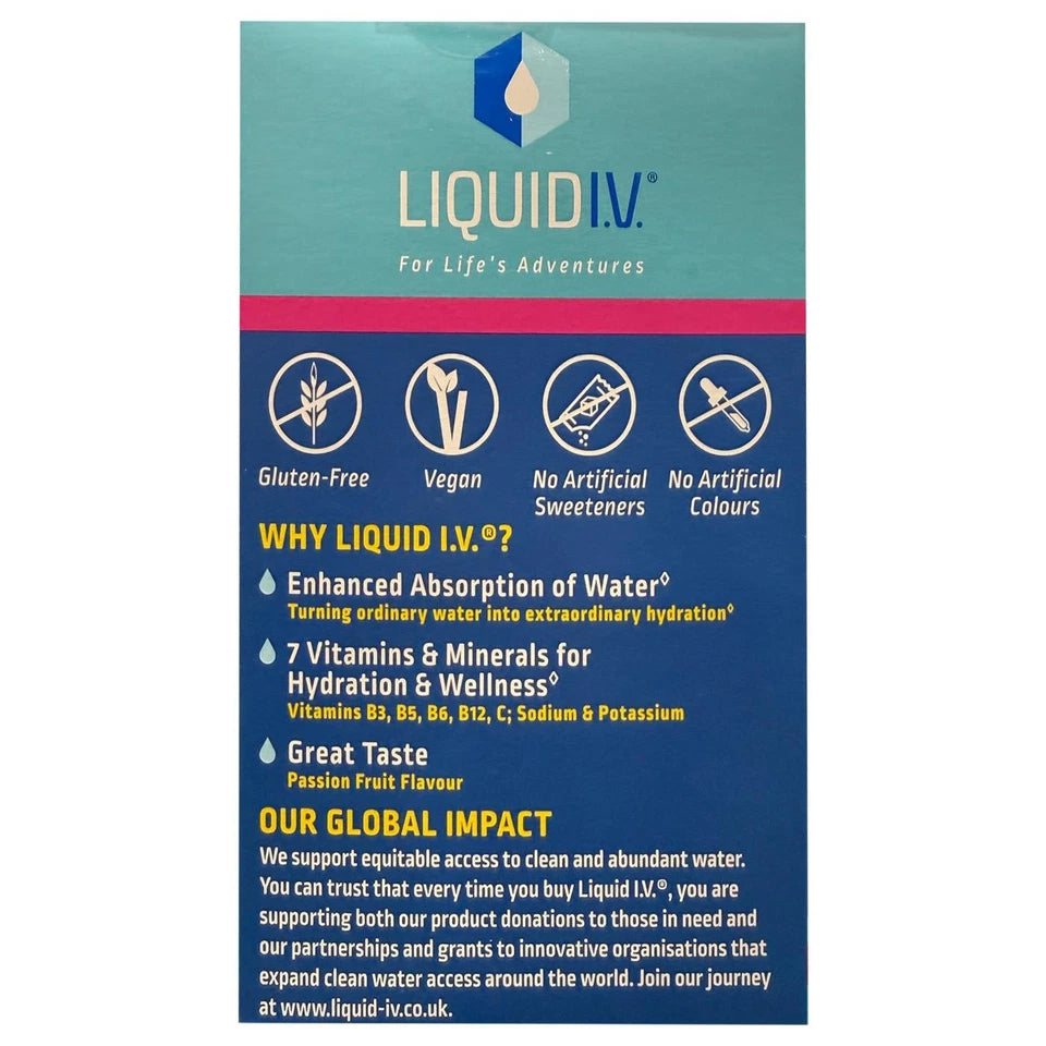 Liquid I.V. Hydration Multiplier Passion Fruit Electrolyte Powder, sachet packaging, passion fruit flavour, 30 x 16g sachets, how to use