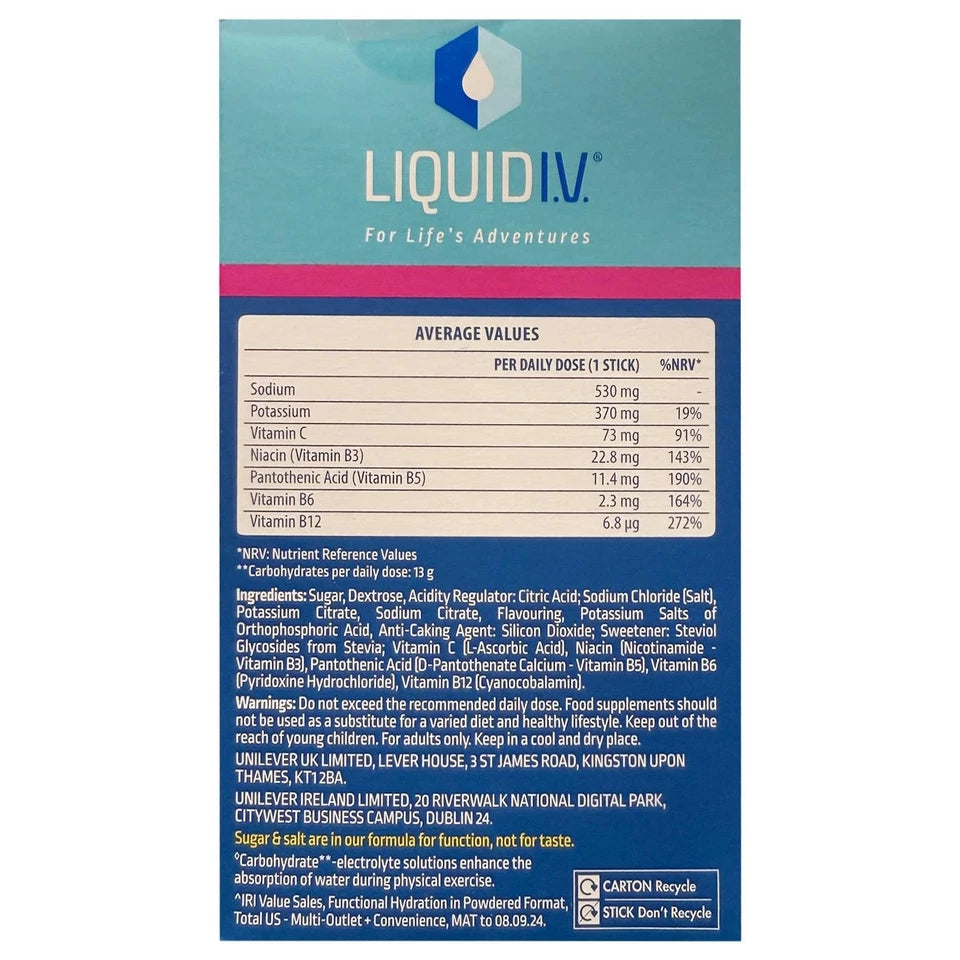 Liquid I.V. Hydration Multiplier Passion Fruit Electrolyte Powder, sachet packaging, passion fruit flavour, 30 x 16g sachets, nutrition information