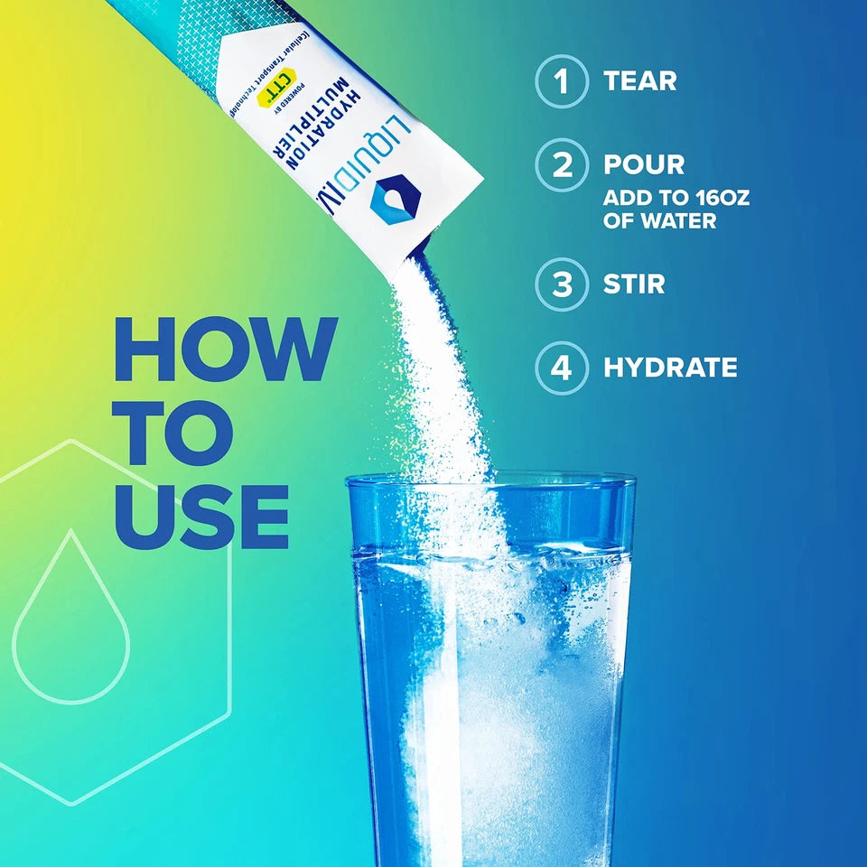 Liquid I.V. Hydration Multiplier Passion Fruit Electrolyte Powder, sachet packaging, passion fruit flavour, 30 x 16g sachets, how to use