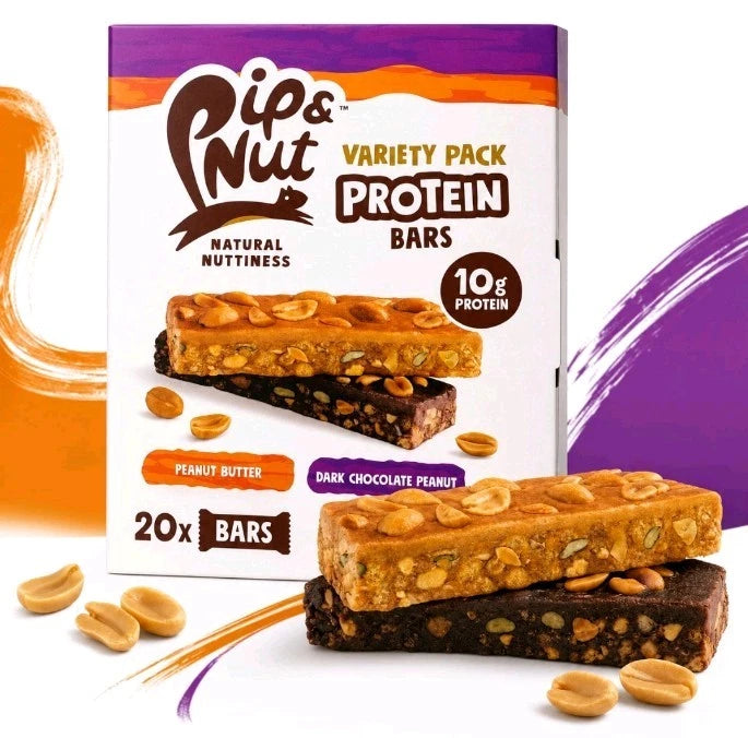 Pip & Nut Peanut Butter and Dark Chocolate Peanut Protein Bars variety pack box 20 x 46g snack use