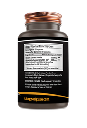 Supplement facts label for The Good Guru Shilajit and Ashwagandha capsules, showing ingredients, 90 count.