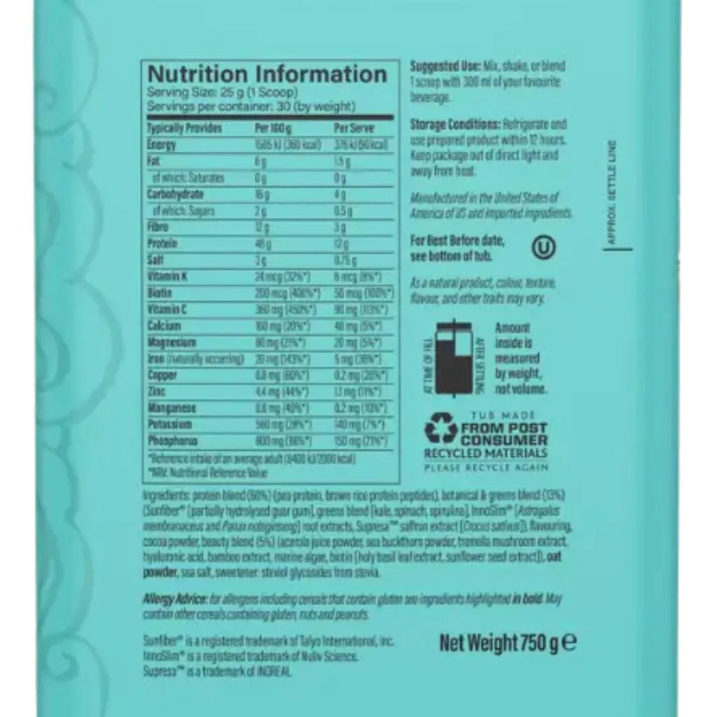 Supplement facts and ingredients list for Sunwarrior Shape Chocolate