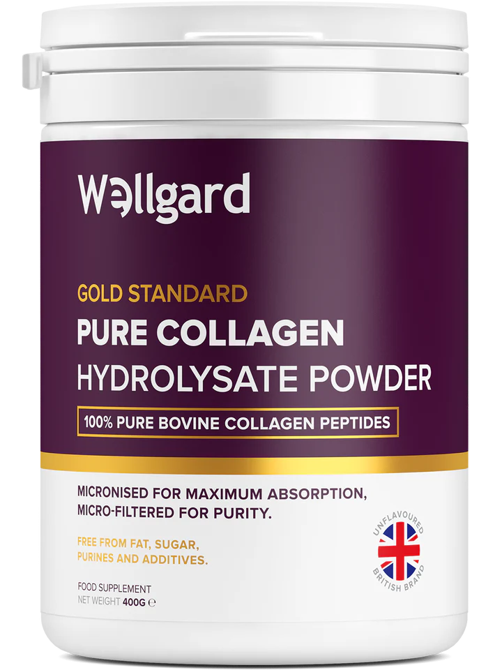 Sealed tub of Wellgard Pure Bovine Collagen Peptides Powder, 400g, on clean white background.