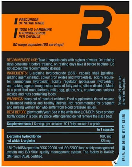 Supplement facts label showing 1000mg L-Arginine HCI per serving.