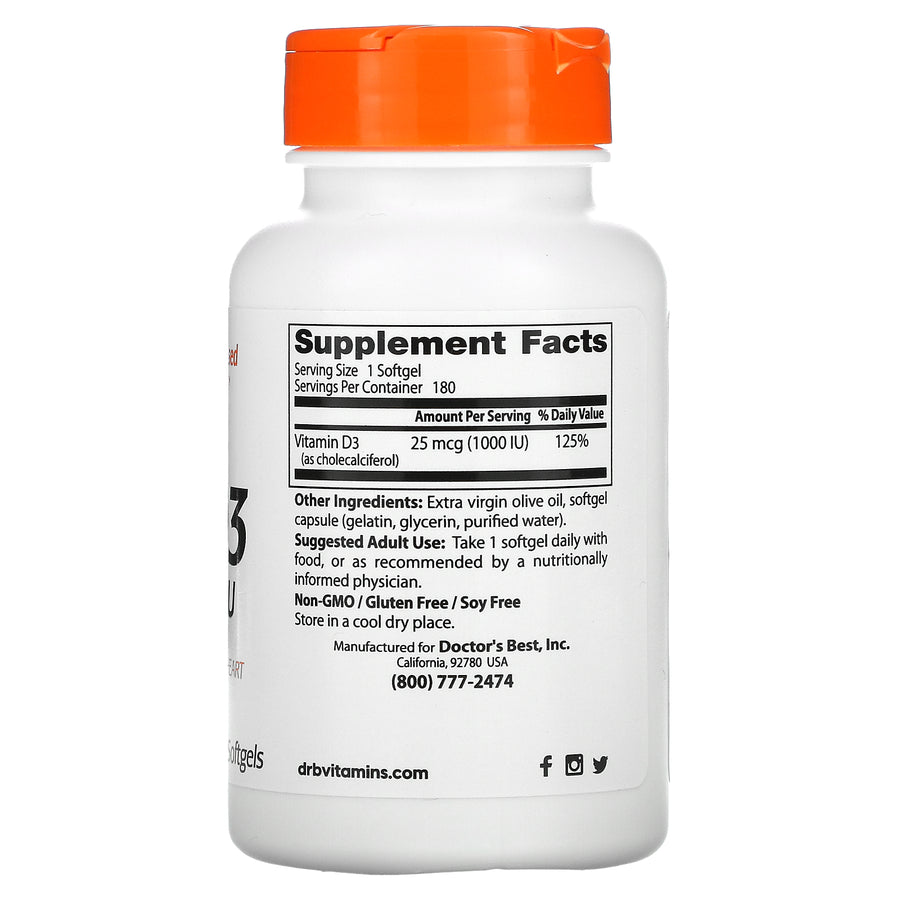 Doctor's Best Vitamin D3, 25 mcg (1,000 IU), 180 Softgels